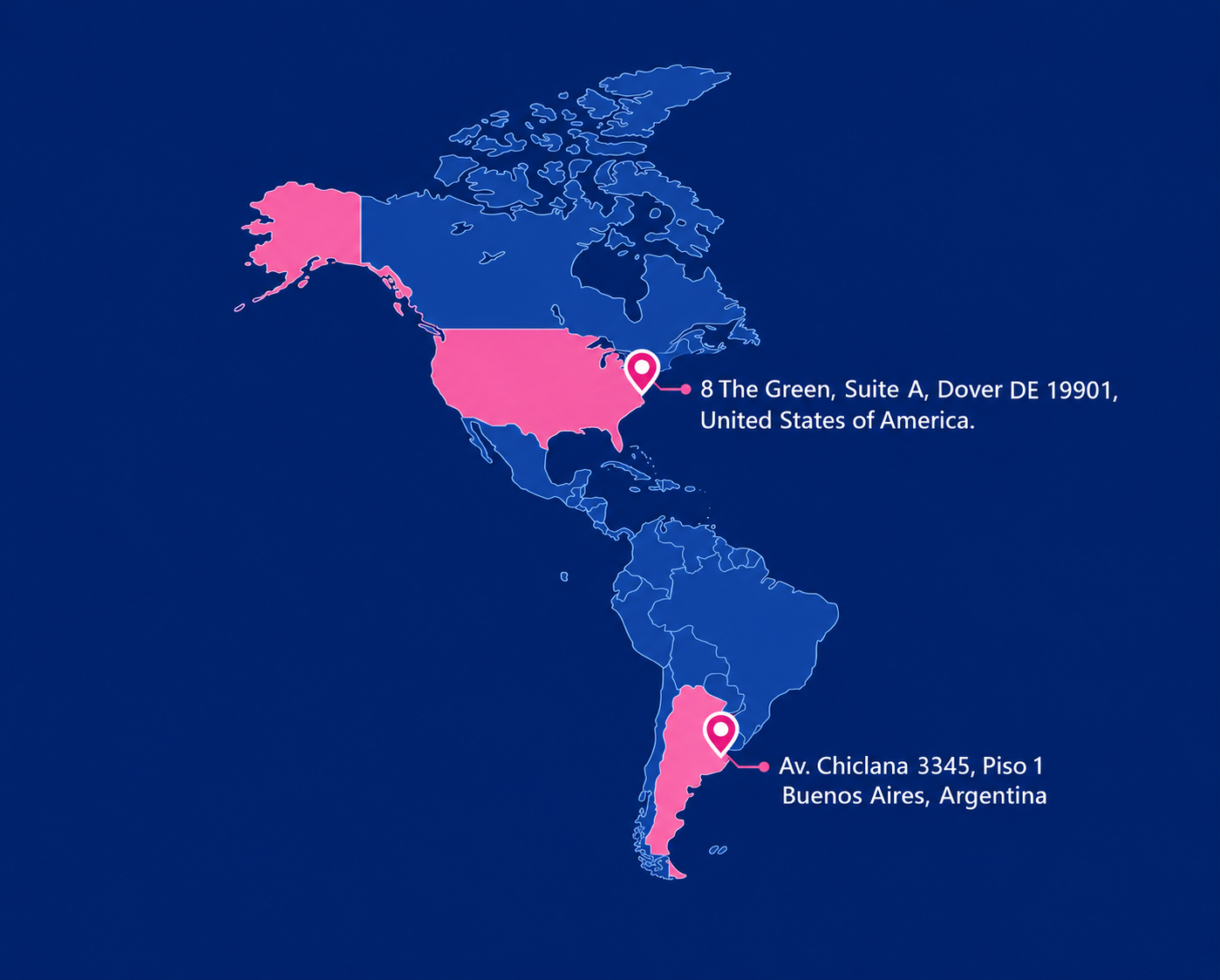 Map of the Americas showing Coorva offices in Dover, Delaware, United States and Buenos Aires, Argentina